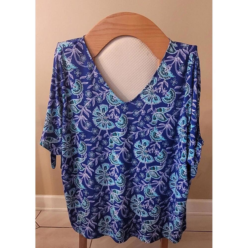 Liz Claiborne Plus 2X Blue Floral  Tie Cuff Womans Colorful,  Top
